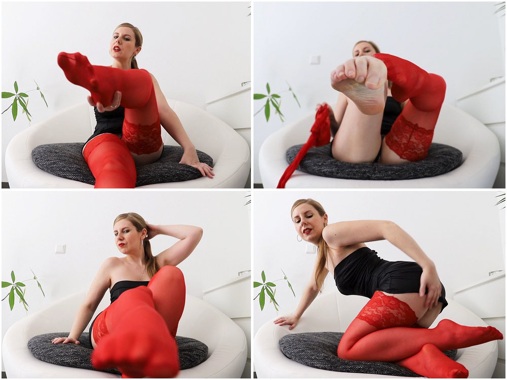 Red nylons with milking countdown