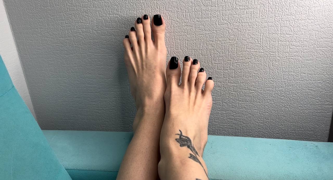 My bare feet with long toes, black toenail polish, worship my toes