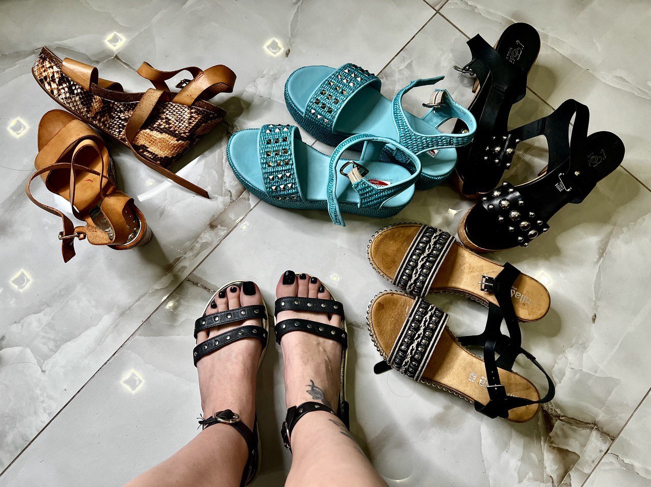 Sandals fetish vid, feet with long toes and black toenails polish