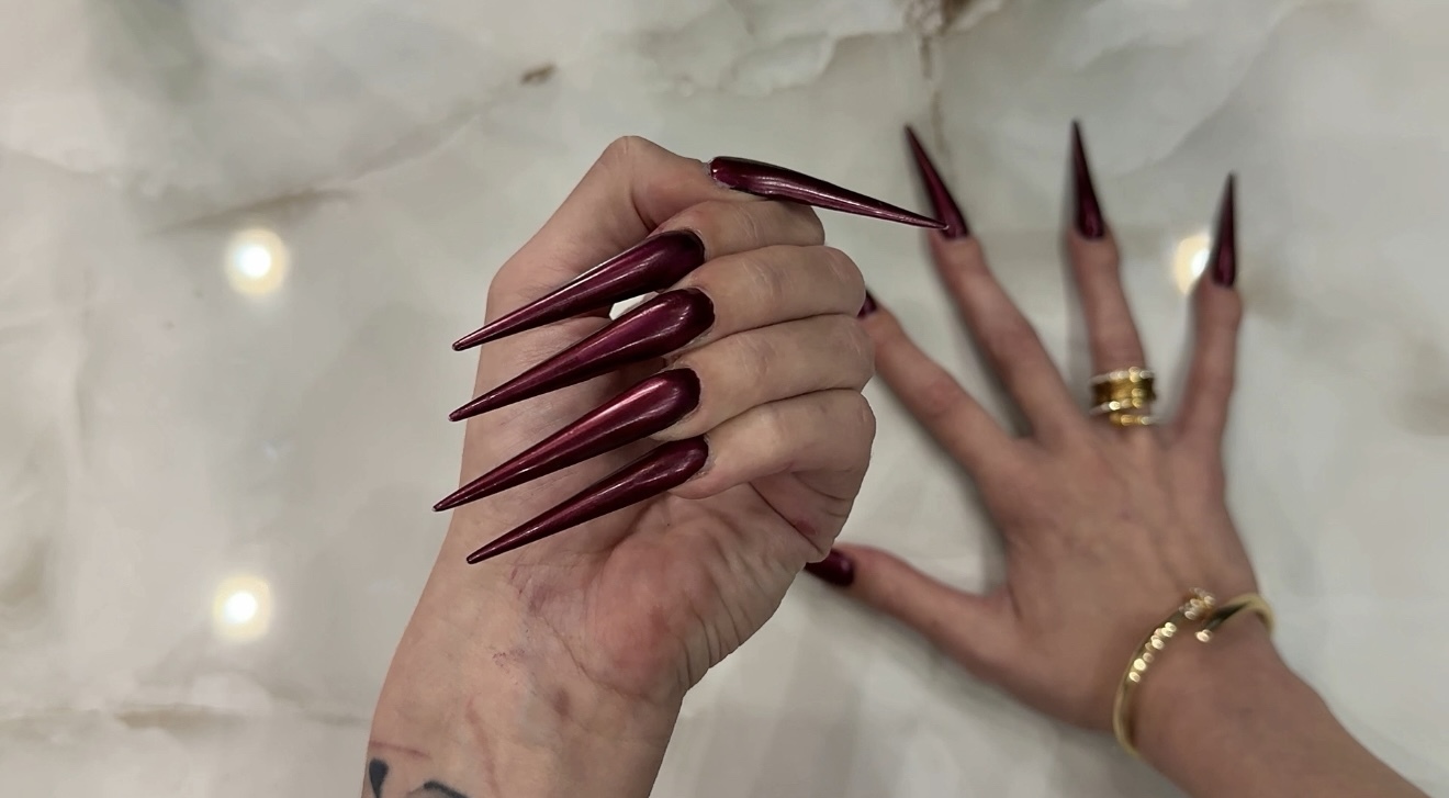 New color PURPLE Long nails, sharp stilettos, long fingers and hands worship, palms wide