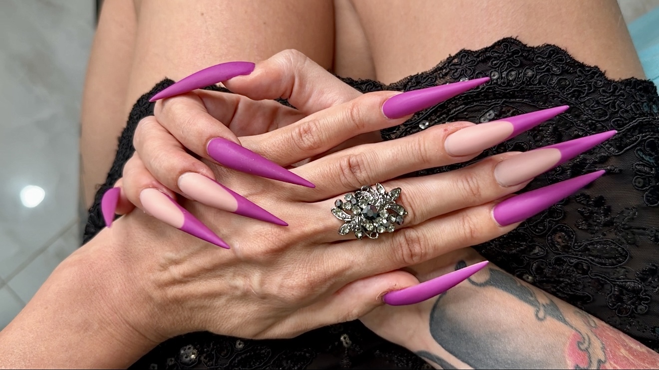 New purple color Long nails, sharp stilettos, palms, long fingers and hands worship, black dress on
