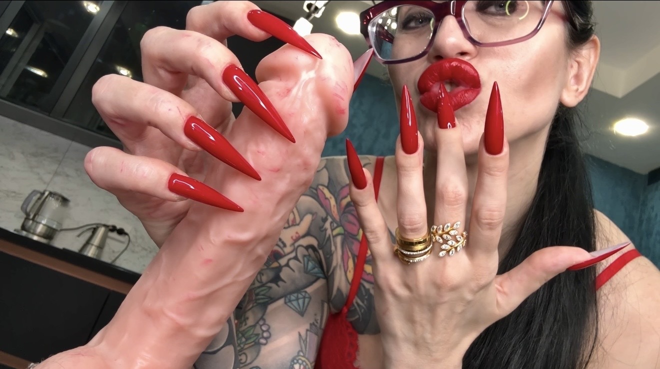 Long red nails, sharp claws, fingers sucking and HOT handjobs