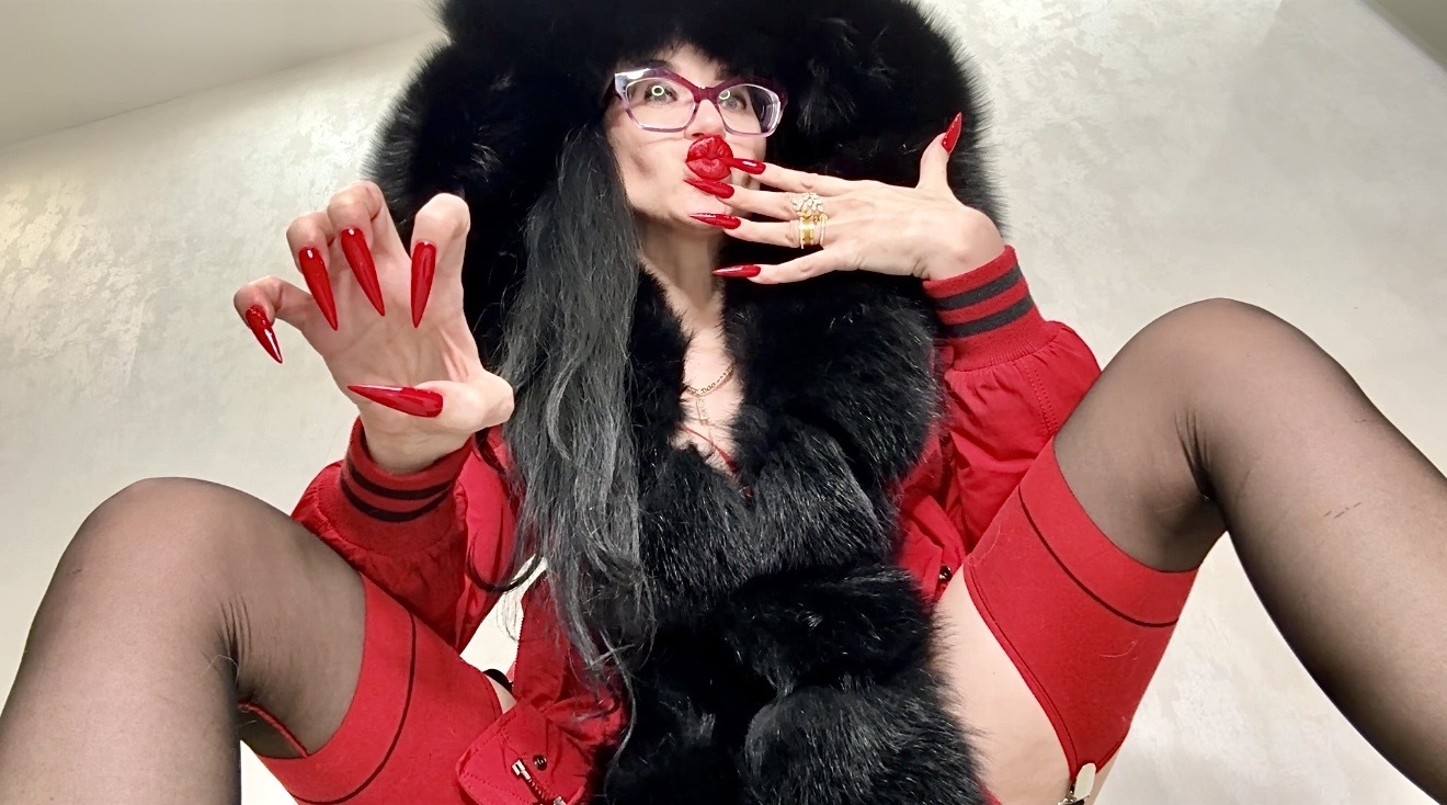 RED long nails, claws and FUR, red underwear, stockings with suspenders