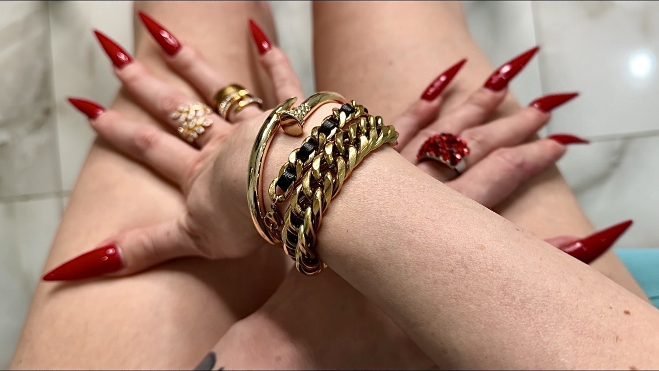 Bracelets fetish and my hands with long fingers, red long nails