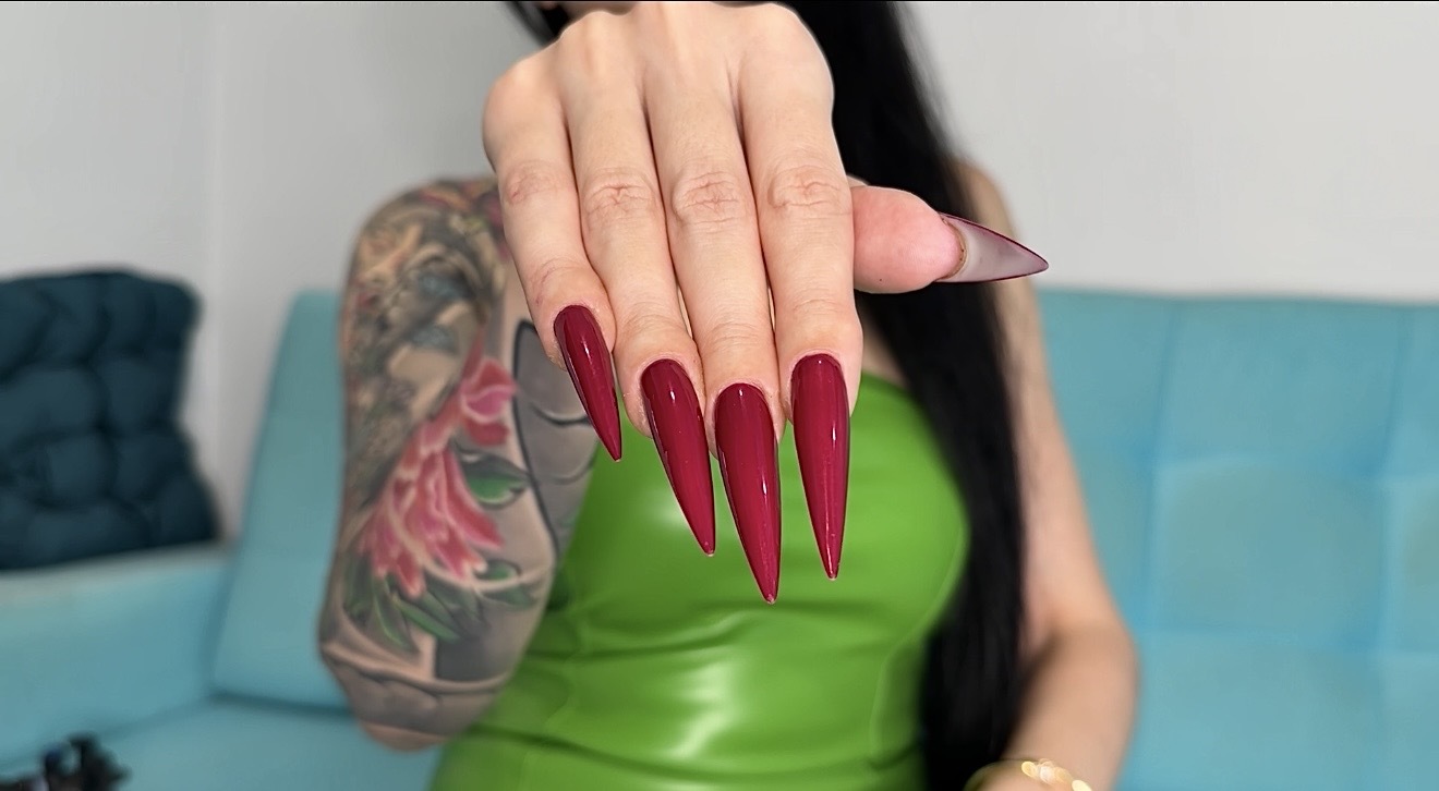 New RED Long sharp nails, claws and tight leather mini dress on