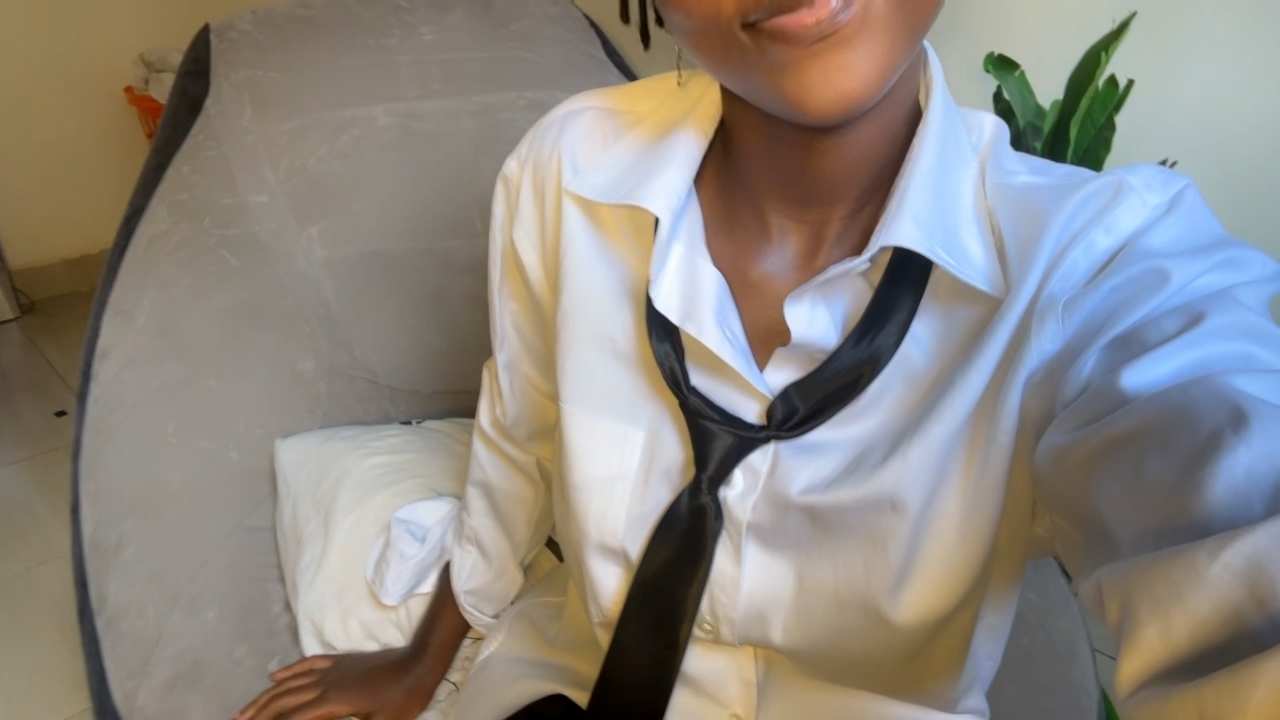 Petite Ebony Beauty's Slow Strip Tease in White Business Shirt