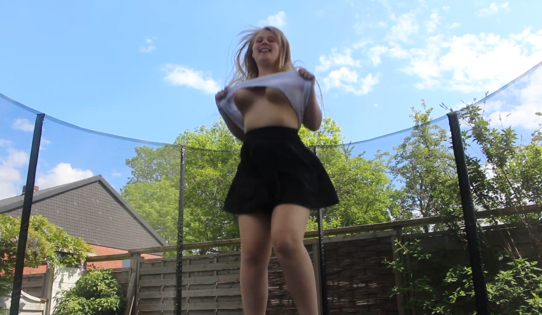 Horny action on the trampoline - bounce my big tits!